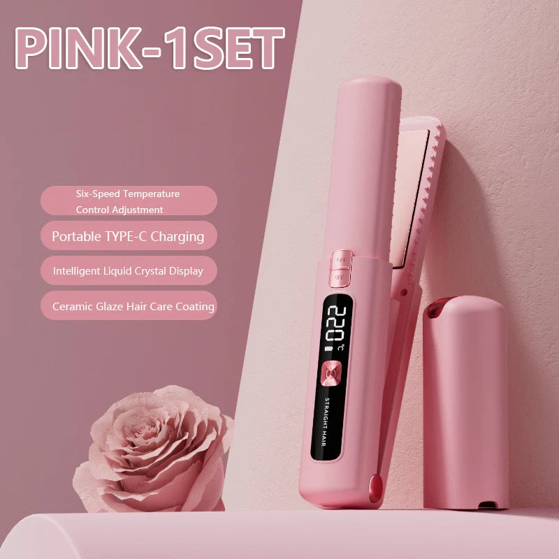 2025 New Wireless Hair Straightener Comb Mini Portable 2 in 1 Curling Iron Ceramic Styling Tool for Travel Home Salon Use