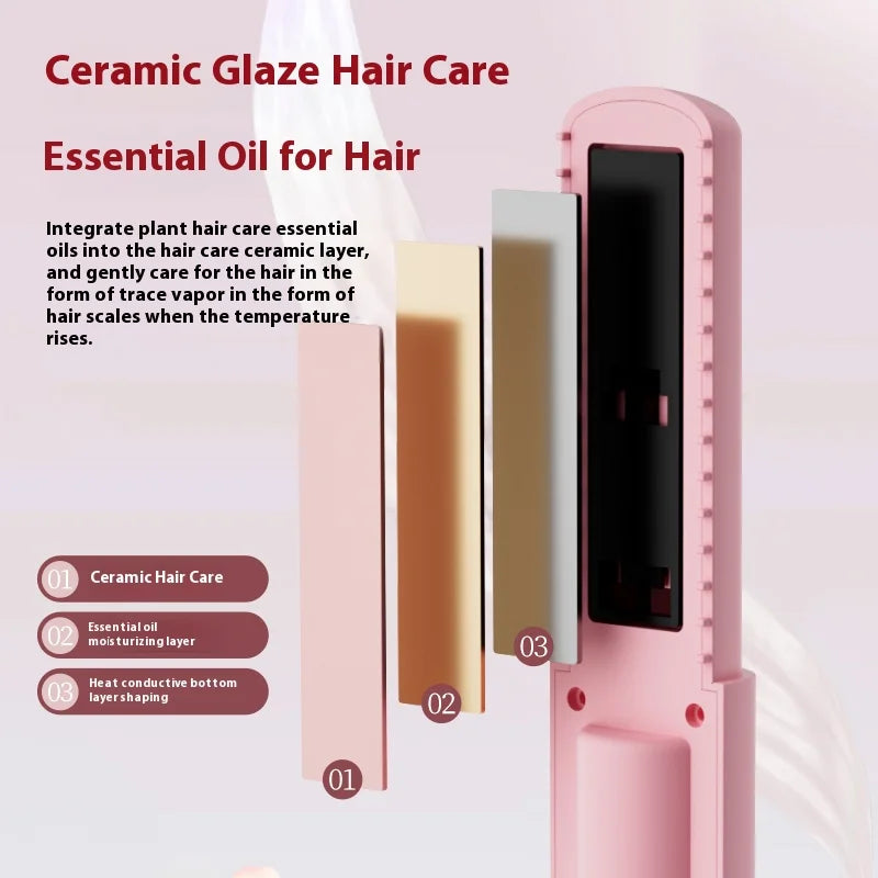 2025 New Wireless Hair Straightener Comb Mini Portable 2 in 1 Curling Iron Ceramic Styling Tool for Travel Home Salon Use