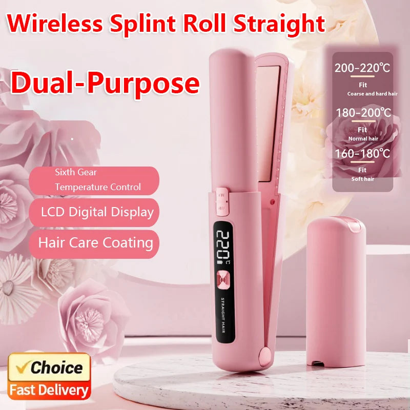 2025 New Wireless Hair Straightener Comb Mini Portable 2 in 1 Curling Iron Ceramic Styling Tool for Travel Home Salon Use