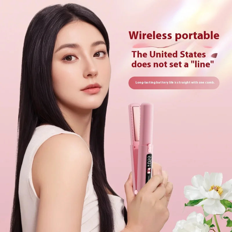 2025 New Wireless Hair Straightener Comb Mini Portable 2 in 1 Curling Iron Ceramic Styling Tool for Travel Home Salon Use