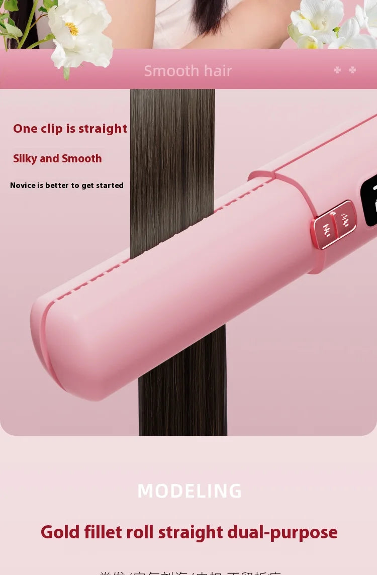 2025 New Wireless Hair Straightener Comb Mini Portable 2 in 1 Curling Iron Ceramic Styling Tool for Travel Home Salon Use